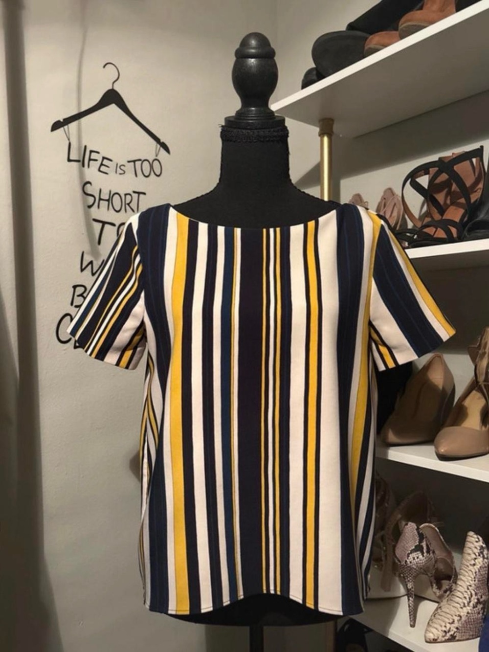Zara Vertical Stripe Short-Sleeve Top in Yellow, Navy & White